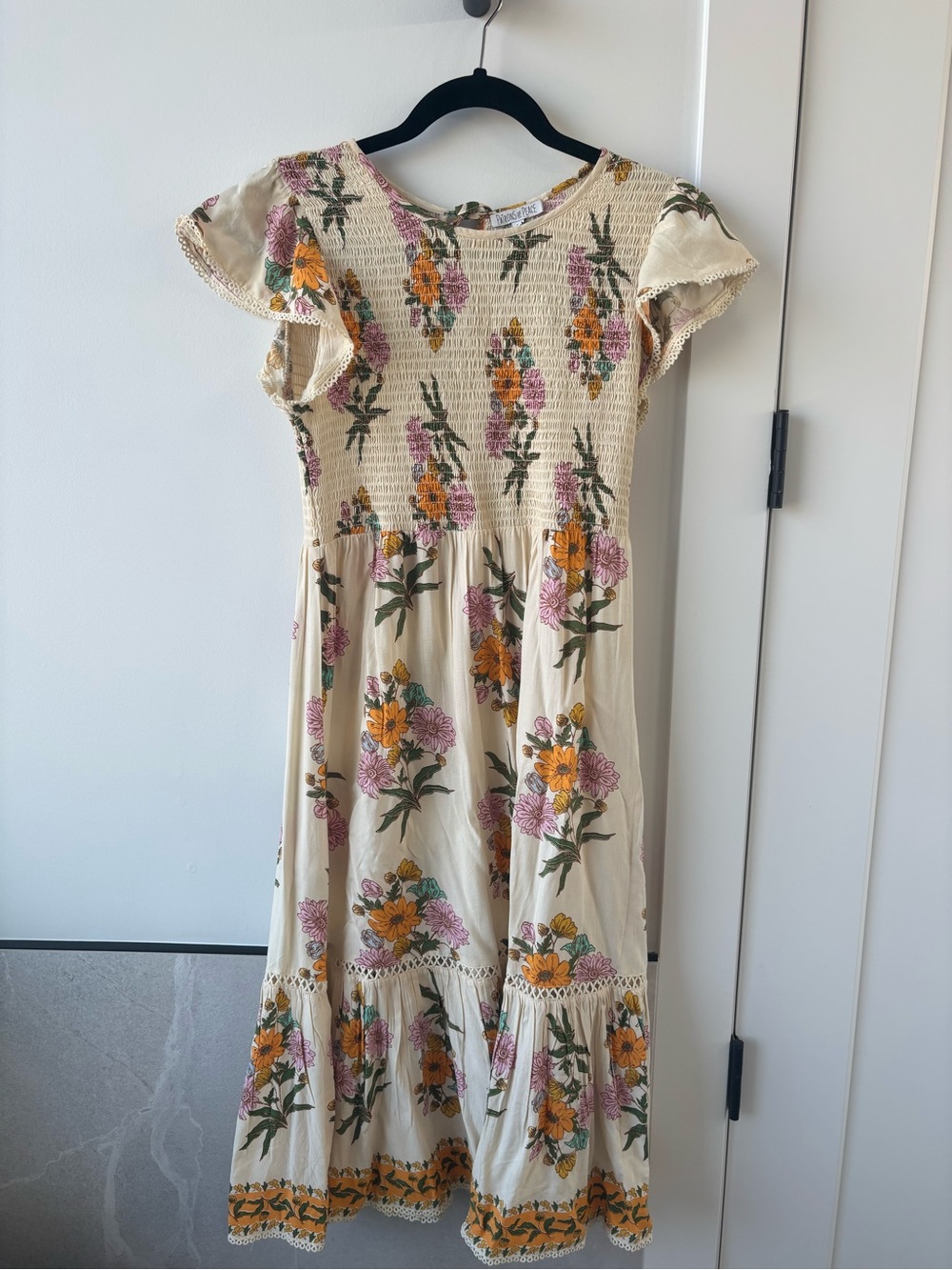 Cream Floral Smocked Dress with Flutter Sleeves